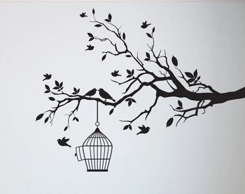 Drevo vinilna Nalepka Spalnica drevo življenja korenine ptice letijo stran doma dekor Ptice v kletkah. A7-009