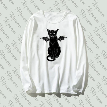 2019 Čistega Bombaža T-Shirt Gothic Retro Hudič Cat Natisnjeni Dolg Rokav Moda Priložnostne Vrhovi & Tees Blagovne Znamke Unisex Oblačila