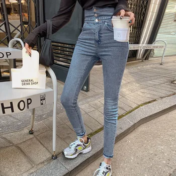 SHIJIA Novi Elegantni Skinny Jeans Za Ženske Visoko Elastični Pas Denim Svinčnik Hlače Ženske Hlače korejski Hlače Tri Gumb