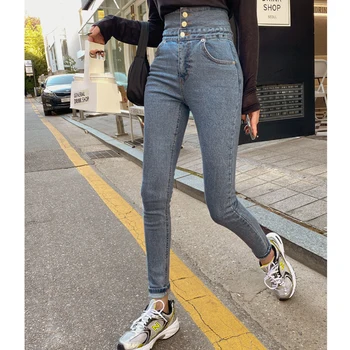 SHIJIA Novi Elegantni Skinny Jeans Za Ženske Visoko Elastični Pas Denim Svinčnik Hlače Ženske Hlače korejski Hlače Tri Gumb