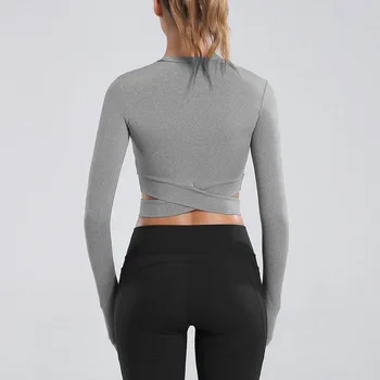 Nova Moda Long Sleeve Tek Majica Ženske Seksi Izpostavljeni Popka Joga T-shirt Quick Dry Fitnes Gym Crop Tops Trdna Športne Majice