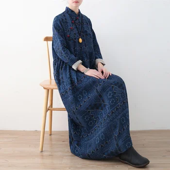 Johnature 2020 Pomlad Ženske Bombaž Perilo Obleke Nove Vintage Svoboden Velikosti Tiskanja Stojijo Ovratnik Nepravilnosti Dolge Obleke
