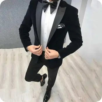2019 Zadnji Plašč, Hlače Modelov Črnega Žameta Moških Obleko Slim Fit 2 Kosov Moške Poročne Obleke Ženina Stranka Tuxedos Jopič Z Hlače