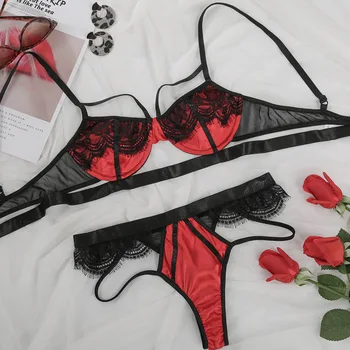 Seksi žensko spodnje Perilo, 2 Kos Obleke: Špageti Trak Scalloped Cvetlični Čipke Modrc + Hlače Pižamo Žensko Erotično Perilo