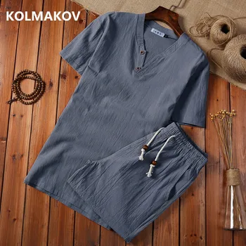 (Majica + hlače) 2019 poletje modni moški majica Bombaž in lan majice s Kratkimi rokavi moški priložnostne srajce moške, 2 kosa, velikost M do 5