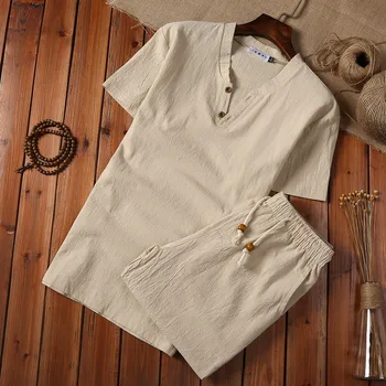 (Majica + hlače) 2019 poletje modni moški majica Bombaž in lan majice s Kratkimi rokavi moški priložnostne srajce moške, 2 kosa, velikost M do 5