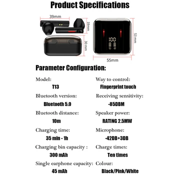 T13 TWS Brezžične Bluetooth Slušalke Power LED Zaslon Slušalke z Mikrofonom Noise Cancel Slušalke za V Uho Čepkov