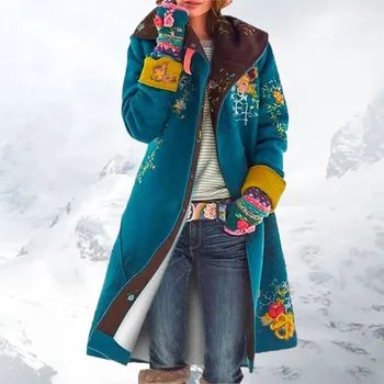 Ženske Hooded Jopico Plašč Pozimi Prevelik Cvetlični Mozaik Natisnjeni Dolgo Jakno Moda Windbreaker Dolg Rokav Toplo Outrwear