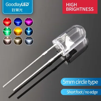 1000pcs LED-light emitting diode F5 / 5 mm Okroglo Glavo kratke noge brezmejna prozorno belo svetlobo rdeče, modro, zeleno in rumeno