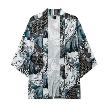 Kimono Cardigan Fashion Men ' Ulične Svoboden Odpri Prednji 3/4 Rokav Samurai Japonski Slog Tiskane Pokrov Navzgor Jopico Jopiči#g3