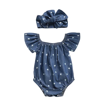 Newborn Baby Toddler Dekleta Denim Blue Bombaž 2pcs Obleke Obleka, Lepe Ljubezni, Tiskanje Jumpsuits Poletna Oblačila, ki