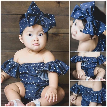 Newborn Baby Toddler Dekleta Denim Blue Bombaž 2pcs Obleke Obleka, Lepe Ljubezni, Tiskanje Jumpsuits Poletna Oblačila, ki