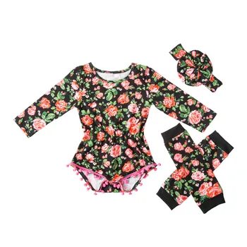 Nov Baby Dekle Obleko Otrok Dolgo Sleeved Obleko Modne Pompom Cvetlični bo Ustrezala Tri-Delni Baby Jumpsuit + Nogavice + Glavo