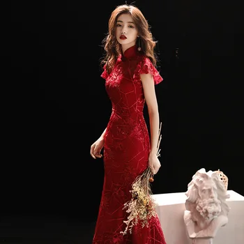 Elegantni Ženski Klasičnih Kitajskih Cheongsam Tradicionalni Večer Stranka Obleko Seksi Slim Dolgo Qipao Velikosti 3XL Čipke Vestidos