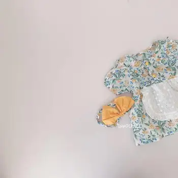 Baby Dekleta Cvet, Igralne Obleke 2020 Novorojenčka Hlače Rokavi Obleka + Lase Band Toddlers Otroci Jumpsuits Korejskem Slogu Dojenčke Oblačila