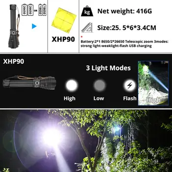 Najbolj Močna LED Svetilka XLamp XHP90 USB Zoomable 3 Načini Baklo XHP70 XHP50 18650 26650 Baterije za ponovno Polnjenje Svetilka