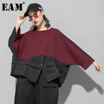 [EAM] Ohlapno Fit Kontrast Barve Prevelik Majica Nov Krog Vratu Dolgimi Rokavi Ženske Big Velikost Moda Pomlad Jesen 2021 1D716