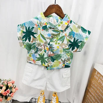 2020 Poletje Fant Obleke Obleko Majico s Kratkimi rokavi, kratke Hlače 2pcs Sklop Priložnostne Otroci Oblačila, ki Leaf Hawaiian Beach Počitnice Slog