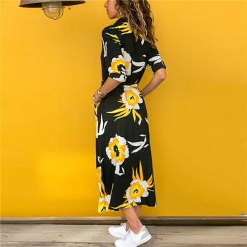 Jeseni Cvjetnim Tiskanja Shirt Obleko Ženske Plus Velikost Priložnostne Dolg Rokav Zaviti Šifon Maxi Obleke Za Ženske Vestidos