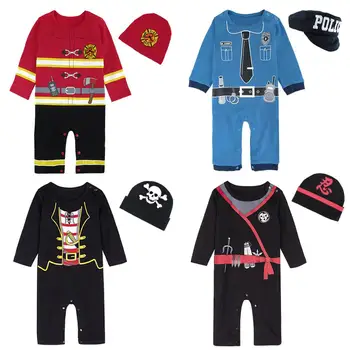 Baby Fantje Halloween Kostum Romper Malčka Pirat, Gasilec, Policist Cosplay Jumpsuit Ninja Mornarice Kompleti Oblačil s Klobuk