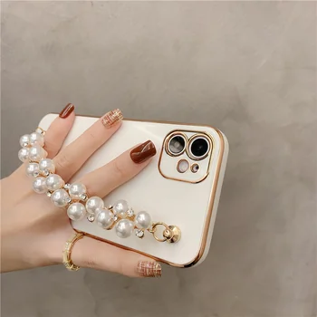 Moda electroplate pearl nosorogovo zapestja mehko telefon primeru za iPhone 11 12 Pro X XR XS Max 7 8 Plus luksuzni kritje capa