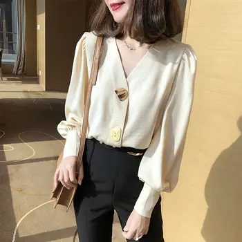 Bella Filozofija 2020 Pomlad Poletje V-neck Ženske korejski Bluzo Urad Dama Elegantna Luč Sleeve Zgornji del Ženske Ulica Majica