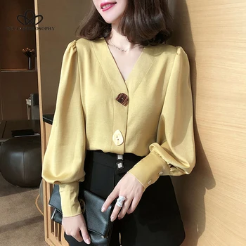 Bella Filozofija 2020 Pomlad Poletje V-neck Ženske korejski Bluzo Urad Dama Elegantna Luč Sleeve Zgornji del Ženske Ulica Majica