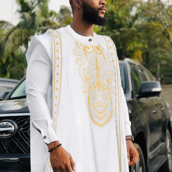 H&D Zlato Vezenje Bela agbada moških tradicionalnih afriških oblačilih, nigerija obleko zajema majico, hlače 3 KOS obleko muslimanskih določa PH9039