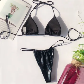 Seksi Svetlečega PU Mikro Bikini 2019 Ženske Povodcem Kopalke Ženske Brazilski Kopalke Tangice Bikini komplet High cut kopalke Bandeau