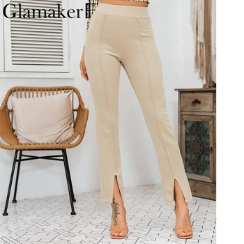 Glamaker Visoko pasu trdno hlač ženske bodycon split hlače Ženske urad dama moda hlače Elegantno patalon dna