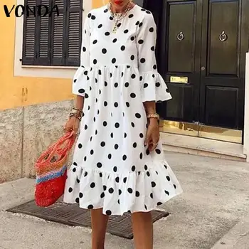 Vintage Polka Dot Obleko 2021 VONDA Žensk Pomlad Sundress Priložnostne Kratek Rokav Vestidos O Ženski Vratu Obleko Haljo Femme Plus Velikost