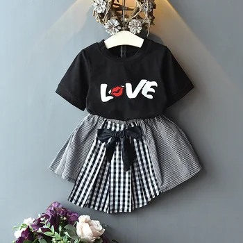 2020 Poletje Otroci Baby Dekleta Obleke, Kompleti Ljubezensko Pismo Tiskati Majice, Vrhovi+Kariran A-Line Krila 2pcs