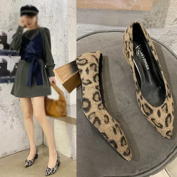 Ženske Blok Petah, korejski Slog Seksi Opozoril Črpalke Petah, Moda Leopard Tiskanja Plišastih Čevlji