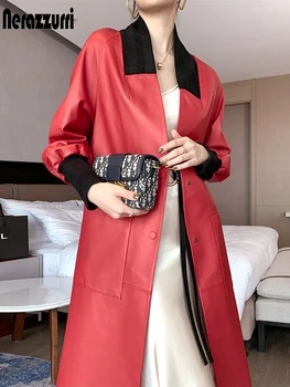 Nerazzurri Mehko dolgo, usnje, usnjeni plašč ženske 2020 v vratu raglan rokav žepa Pade umetno usnje jakna za ženske plus velikost moda