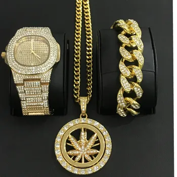 Luksuzni Moških Zlata, Srebrna Barva Watch & Zapestnica & Ogrlica Combo Srečen Obrnite Obesek Led Iz Kubanske Watch Hip Hop Nakita Za Moške