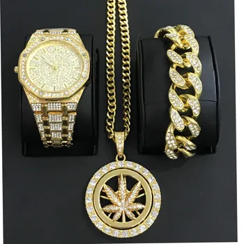 Luksuzni Moških Zlata, Srebrna Barva Watch & Zapestnica & Ogrlica Combo Srečen Obrnite Obesek Led Iz Kubanske Watch Hip Hop Nakita Za Moške