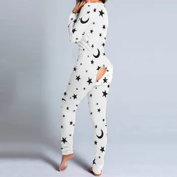 Ženske Pižame Star Kariran Tiskanja Bodycon Dolgo Romper Jumpsuit Pijamas Seksi Gumb Open Rit Funkcionalne Pyjama Femme Sleepwear