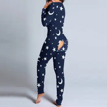 Ženske Pižame Star Kariran Tiskanja Bodycon Dolgo Romper Jumpsuit Pijamas Seksi Gumb Open Rit Funkcionalne Pyjama Femme Sleepwear