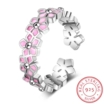 Do leta 2020 povsem Novo 925 Sterling Srebro Pink Daisy Cvet Trio Obroč Silver Obroči za Ženske Angažiranosti Nakit Obletnico