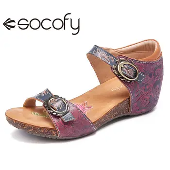 SOCOFY Ženske Vintage Stil Usnjene Sandale Cvetlični Sponke Traku Klin Sandale Priložnostne Prostem Ženski Poletni Plaži Čevlji 2020