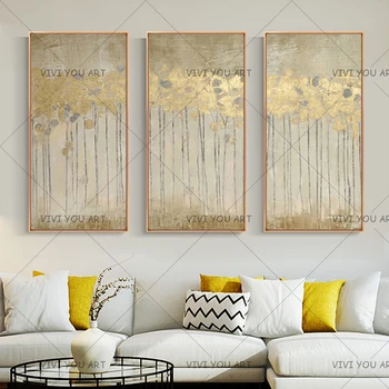 3 Plošče Big velikost poceni Ročno Poslikane Stene slikah Povzetek zlato listi krajine za Dnevni sobi doma dekor ni uokvirjena