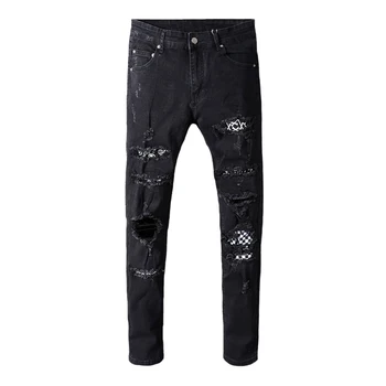 Ameriški Ulične Mode Moške Kavbojke Črne Barve Elastična Uničeno Ripped Kavbojke Moški Zdrobljen Hlače Hip Hop Skinny Jeans homme