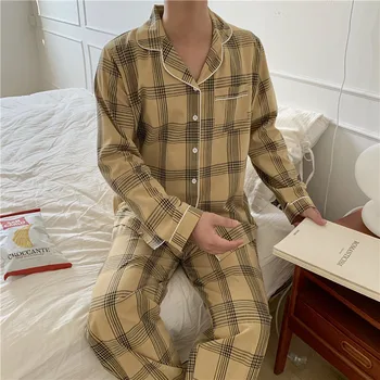 Pari pižamo nastavite ženske kariran noč pijamas moški dolg rokav pižame sleepwear bo ustrezala priložnostne homewear pj pijama doma nastavite L059