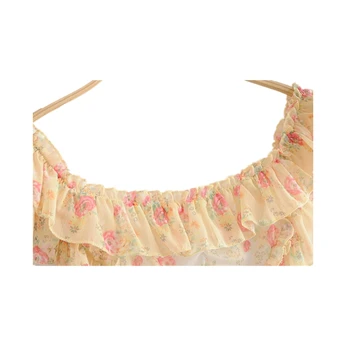 Novo Sladko Chic Vintage Cvjetnim Tiskanja Midi Obleka Ženske Počitnice Ruffles Poševnica Vratu Plaži, Mini Obleke Vestidos De Verano
