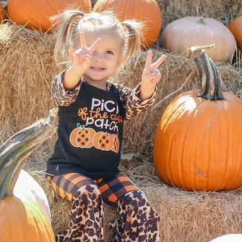 Malčka Dojenčke in Otroke, Otroška Halloween Dekle Oblačila, ki 2020 Kariran Dolg Rokav Jeseni T-shirt Leopard Flare Hlače, Obleke, Oblačila