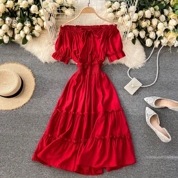 YuooMuoo korejski Mode Off Ramenski Poletje Obleko Ženske Elastične Visoko Pasu A-line Plaža Obleko Elegantno Rdeče Počitnice Stranka Obleke