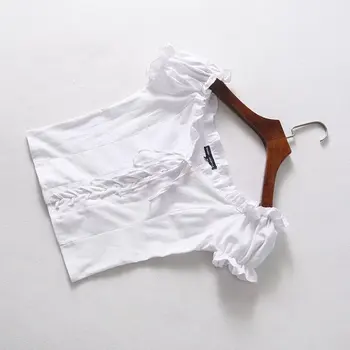 Kawaii korejskem slogu poletnih vrh majica s kratkimi rokavi ženske kvadratnih vratu očesa vrh čipke ruffle tshirt ženske bele elegantno seksi boho ulične