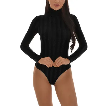 Jeseni Stranka 2021Glitter Spackle Prugasta Turtleneck Ženske Bodysuits Suh Telo Gumbi Sexy Klub Mujer Vrhovi Black igralne obleke M0233