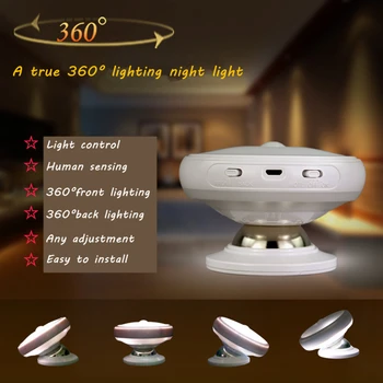 LED Nočna Lučka Za 360 Stopinj Rotacija, Senzor Gibanja, Nočno Svetilko Snemljiv Magnet Znanja USB Polnilne Baterije Koridor Stenske Luči