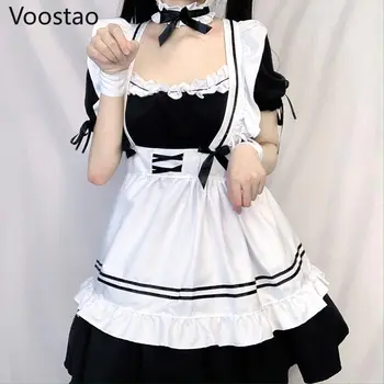 Japonski Mehko Sestra Ljubka Lolita Obleko Girly Viktorijanski Gothic Puff Rokav Mini Kratko Obleko Seksi Stranka Temno Devica Ženske Obleke
